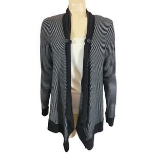 Dressbarn Cardigan Black Trim Striped Open Front Sweater button accents large